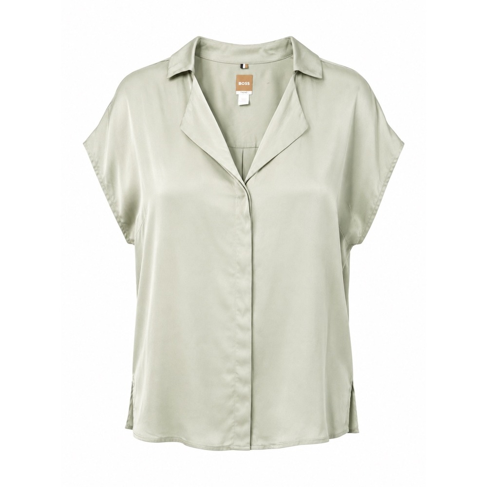 BOSS Hugo Boss Women Sage Green Short Sleeve Silk Camp Collar Blouse Top Size 8